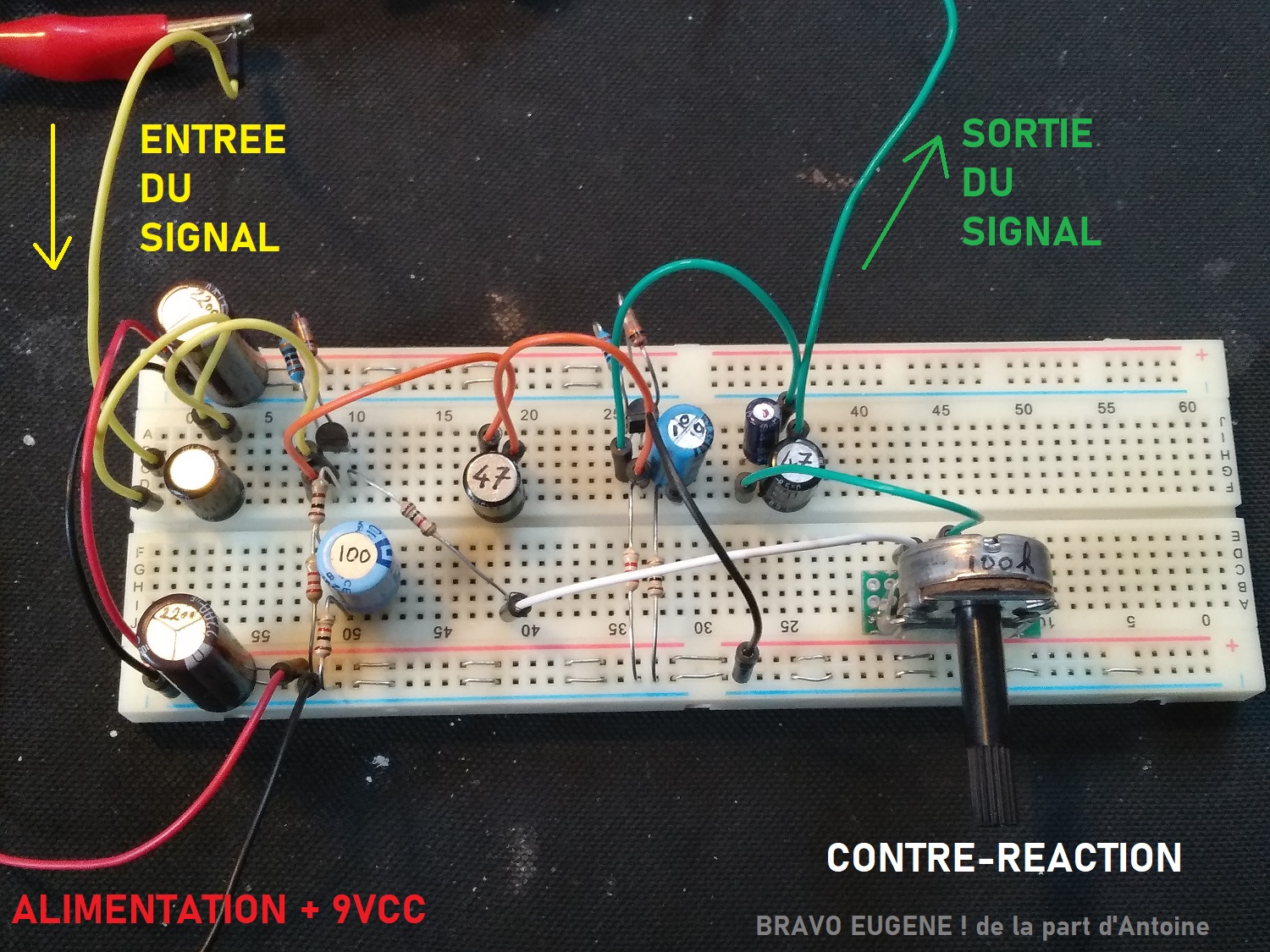 Photo du montage sur plaque d'essai avec description des entrées et sorties