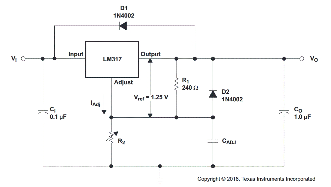 Schéma de montage LM317 fiabilisé fourni par Texas