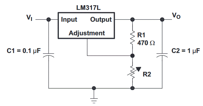 Schéma de montage LM317 de base fourni par Texas